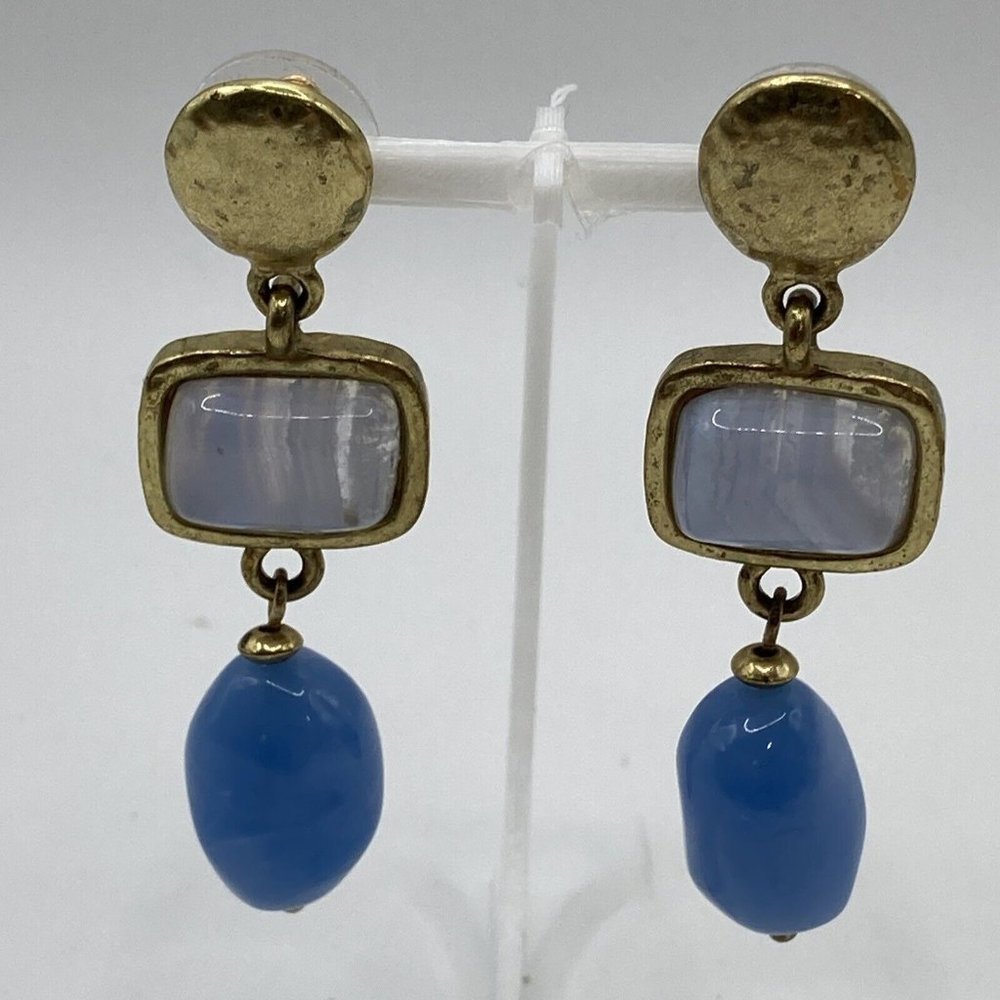 Blue Gold‎ Tone Drop Dangle Statement Beads 2.25" EARRINGS